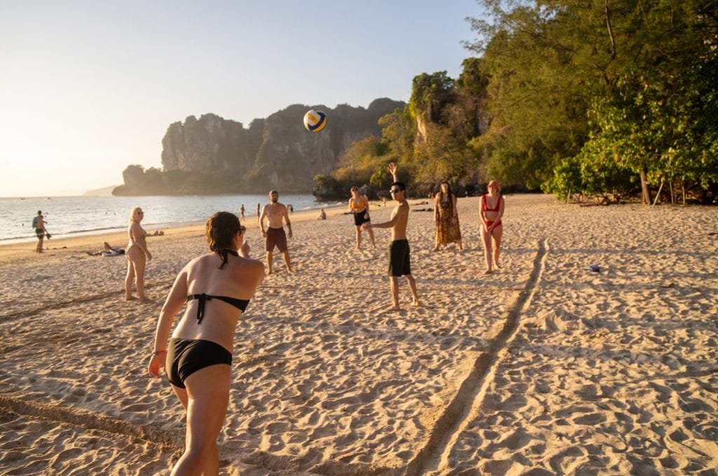 Beach day in Krabi, Thailand: playing volleyball on Railay Beach