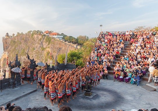 A picture taken from Uluwatu Temple showing a cultural display. The temple is one of the best reasons to visit Uluwatu. 
