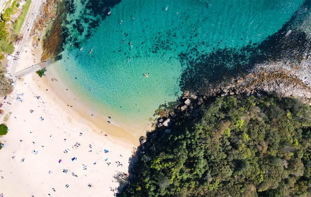 A drone shot looking down on Shelly Beach 