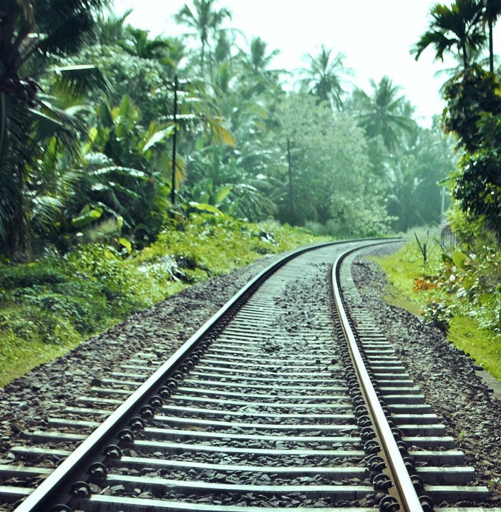 A railway track cuts through a lush green tropical landscape, curving out of sight and creating a sense of journey and exploration. 

